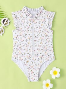 少女花卉印花荷葉邊拉鍊前開口袋泳裝 - 米色 - 查看 1