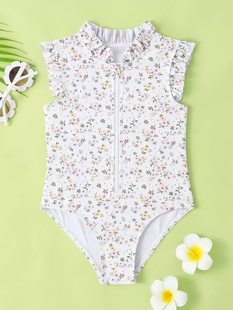 少女花卉印花荷葉邊拉鍊前開口袋泳裝 - 米色 - 查看 1