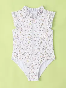 少女花卉印花荷葉邊拉鍊前開口袋泳裝 - 米色 - 查看 3