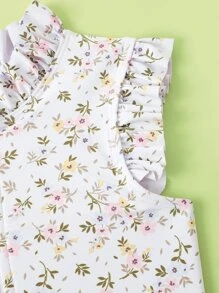 少女花卉印花荷葉邊拉鍊前開口袋泳裝 - 米色 - 查看 5