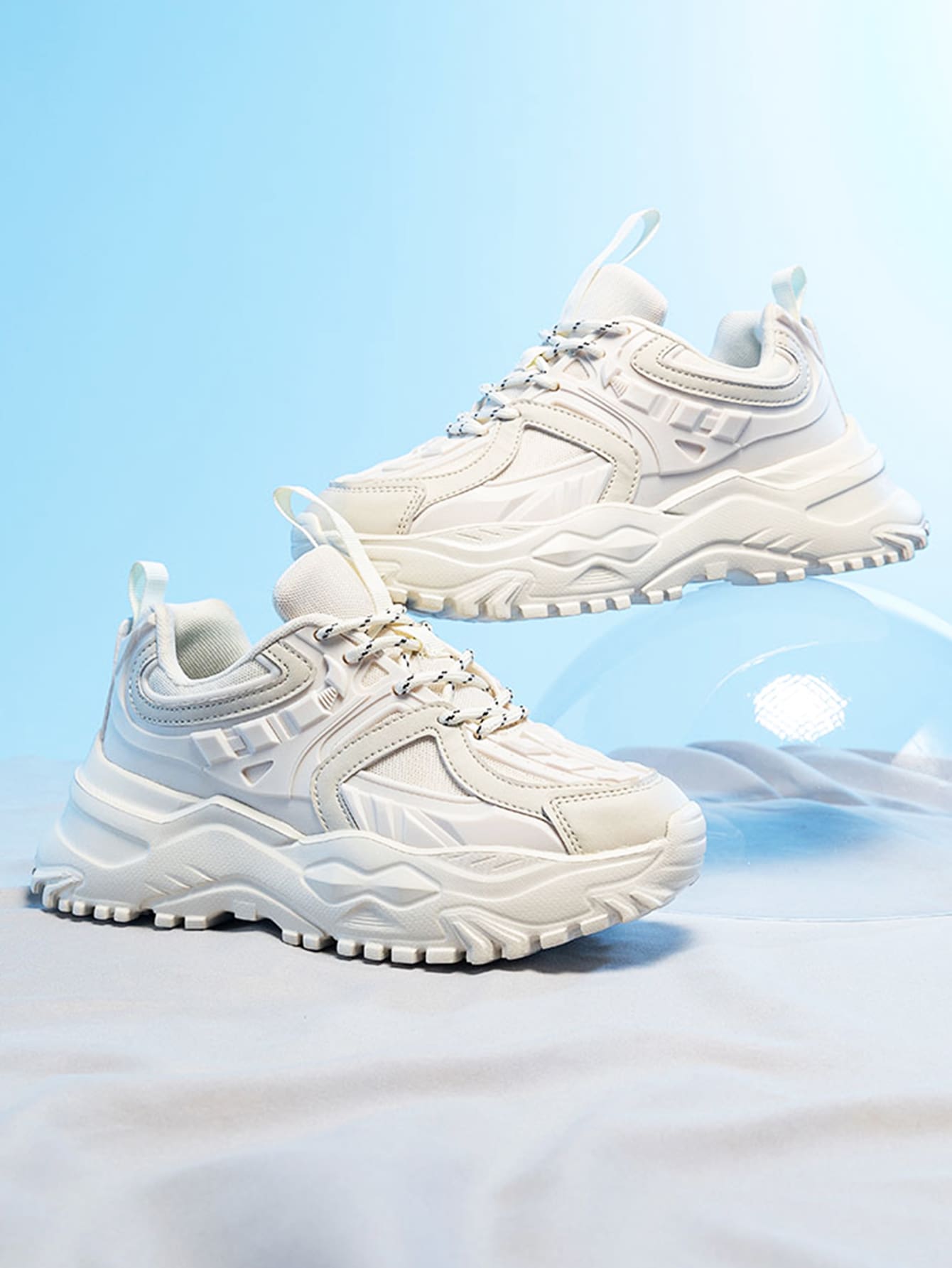 Men Lace-up Front Chunky Sneakers - Beige - View 1