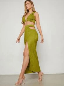 Hauture Set áo crop top & váy xẻ tà hai mảnh - Màu xanh Ô liu - Xem 5