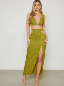 Hauture Set áo crop top & váy xẻ tà hai mảnh - Màu xanh Ô liu - Xem 4