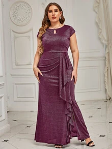 MIUSOL Plus Keyhole Neck Draped Side Glitter Formal Dress - Purple - View 3