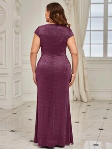 MIUSOL Plus Keyhole Neck Draped Side Glitter Formal Dress - Purple - View 2