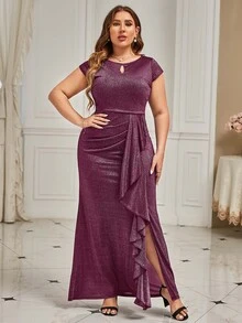 MIUSOL Plus Keyhole Neck Draped Side Glitter Formal Dress - Purple - View 4