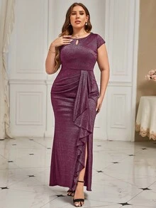 MIUSOL Plus Keyhole Neck Draped Side Glitter Formal Dress - Purple - View 6