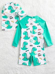 Baby Boy Cartoon Graphic One Piece Swimsuit With Swim Cap - Multicolor - View 2