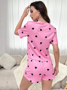 Heart Print Tee & Shorts PJ Set / Pajama Set - Pink - View 2