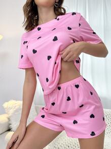 Heart Print Tee & Shorts PJ Set / Pajama Set - Pink - View 5