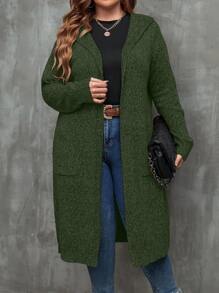 SHEIN LUNE Plus Dual Pocket Drop Shoulder Hooded Duster Cardigan - Army Green - View 1