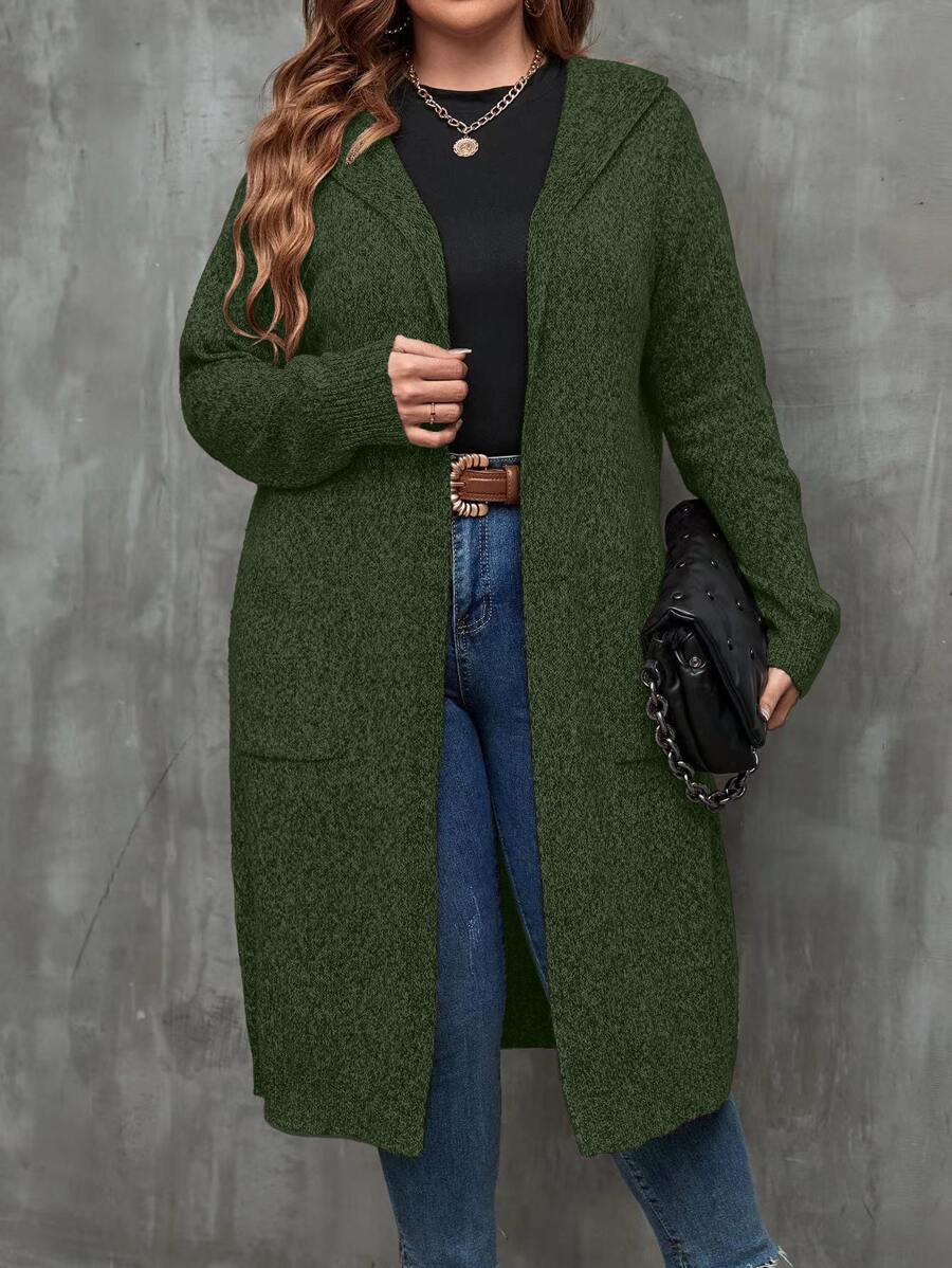 SHEIN LUNE Plus Dual Pocket Drop Shoulder Hooded Duster Cardigan - Army Green - View 1