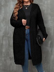 SHEIN LUNE Áo khoác cardigan dài giản dị có mũ trùm đầu dệt kim màu trơn cỡ lớn cho nữ, thoải mái cho mùa thu/đông - màu đen - Xem 1