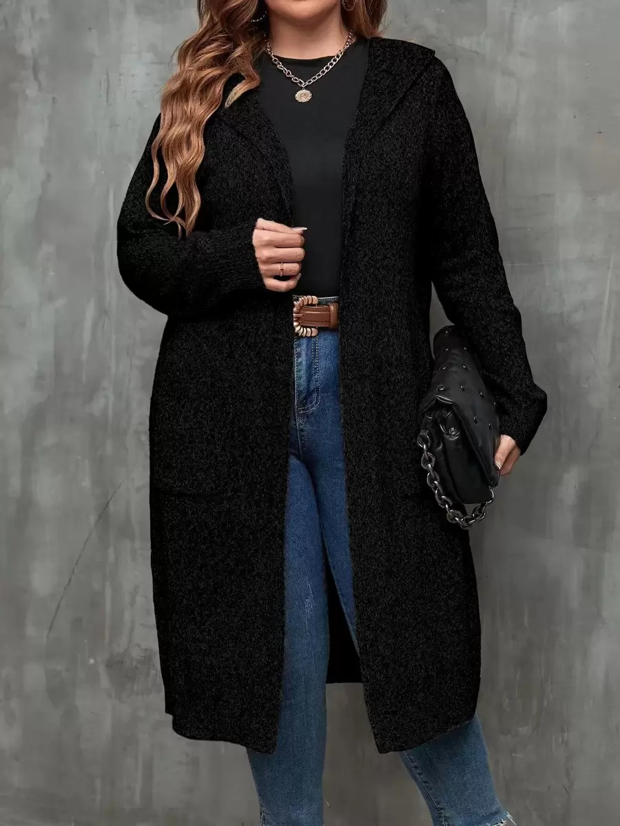 SHEIN LUNE Áo khoác cardigan dài giản dị có mũ trùm đầu dệt kim màu trơn cỡ lớn cho nữ, thoải mái cho mùa thu/đông - màu đen - Xem 1