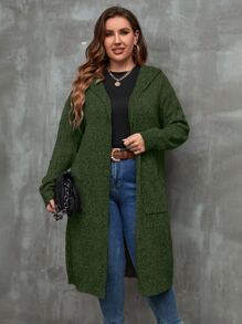 SHEIN LUNE Plus Dual Pocket Drop Shoulder Hooded Duster Cardigan - Army Green - View 3