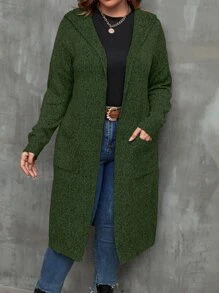 SHEIN LUNE Plus Dual Pocket Drop Shoulder Hooded Duster Cardigan - Army Green - View 4