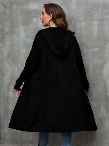 SHEIN LUNE Áo khoác cardigan dài giản dị có mũ trùm đầu dệt kim màu trơn cỡ lớn cho nữ, thoải mái cho mùa thu/đông - màu đen - Xem 2