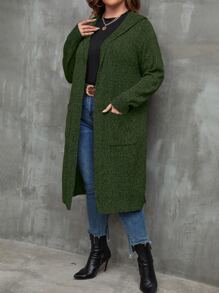 SHEIN LUNE Plus Dual Pocket Drop Shoulder Hooded Duster Cardigan - Army Green - View 5