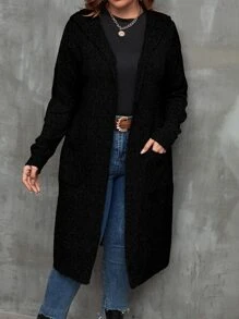 SHEIN LUNE Áo khoác cardigan dài giản dị có mũ trùm đầu dệt kim màu trơn cỡ lớn cho nữ, thoải mái cho mùa thu/đông - màu đen - Xem 5