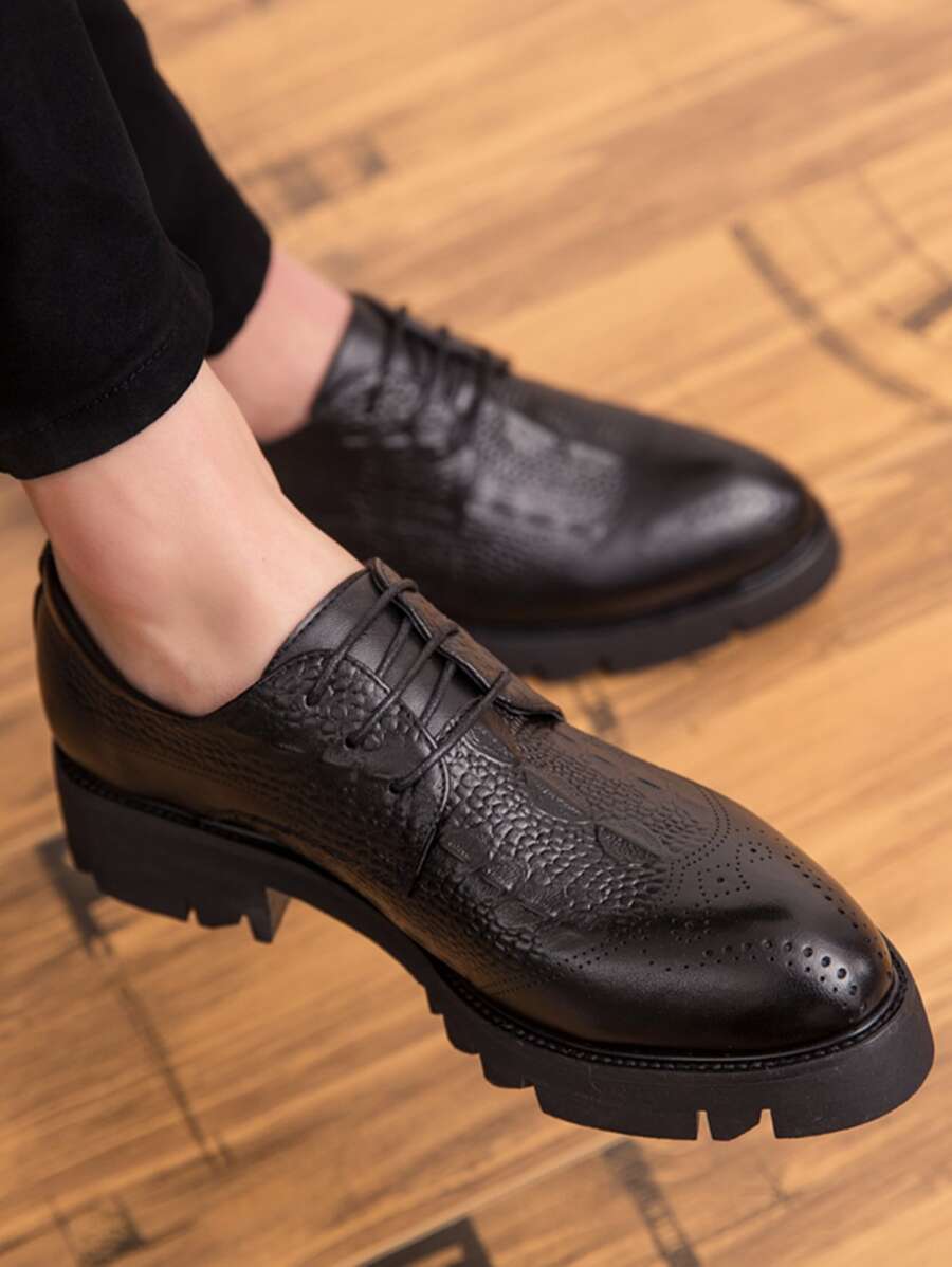 Men Crocodile Embossed Lace-up Front Derby Shoes - Black - View 1