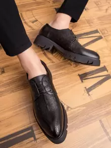 Men Crocodile Embossed Lace-up Front Derby Shoes - Black - View 2