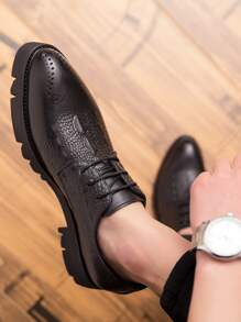 Men Crocodile Embossed Lace-up Front Derby Shoes - Black - View 3