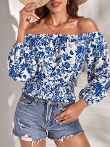 SHEIN VCAY Áo sơ mi nữ Dải chun Hoa Tất cả trên in Boho - Xanh và trắng - Xem 1