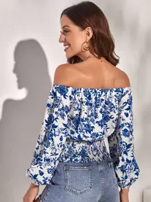 SHEIN VCAY Áo sơ mi nữ Dải chun Hoa Tất cả trên in Boho - Xanh và trắng - Xem 2