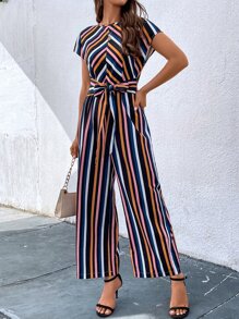 Breezaya Striped Print Belted Jumpsuit - Multicolor - View 3