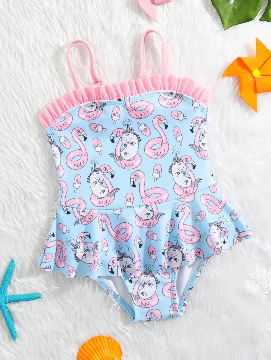 嬰兒卡通圖案荷葉邊連體泳衣 - 藍色 - 查看 1