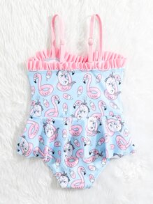 嬰兒卡通圖案荷葉邊連體泳衣 - 藍色 - 查看 2