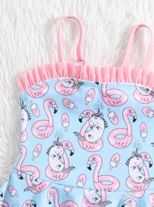 嬰兒卡通圖案荷葉邊連體泳衣 - 藍色 - 查看 3