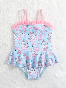 嬰兒卡通圖案荷葉邊連體泳衣 - 藍色 - 查看 4