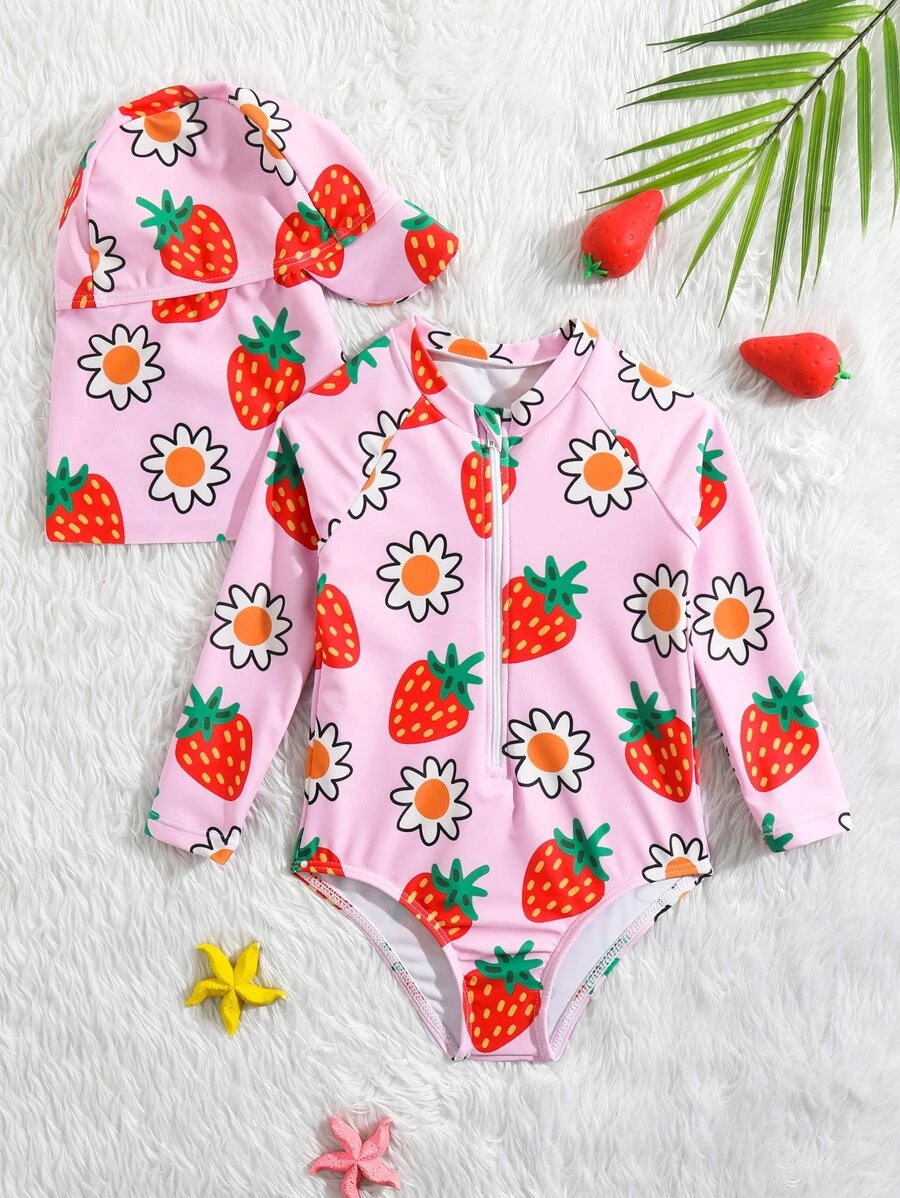 SHEIN Baby Girl Strawberry Print Zip Front One Piece Swimsuit With Swim Cap - Pink - View 1
