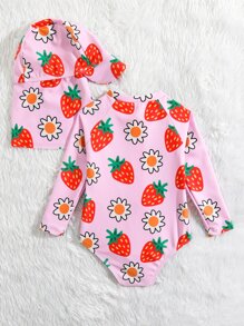 SHEIN Baby Girl Strawberry Print Zip Front One Piece Swimsuit With Swim Cap - Pink - View 2