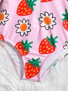 SHEIN Baby Girl Strawberry Print Zip Front One Piece Swimsuit With Swim Cap - Pink - View 3