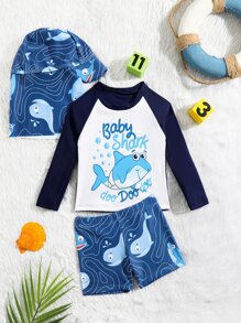 Baby Boy Cartoon Graphic Swimsear With Swim Cap Summer Beach - Blue and White - View 1