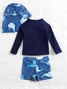 Baby Boy Cartoon Graphic Swimsear With Swim Cap Summer Beach - Blue and White - View 2