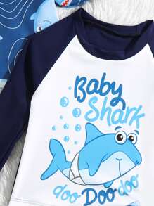 Baby Boy Cartoon Graphic Swimsear With Swim Cap Summer Beach - Blue and White - View 3
