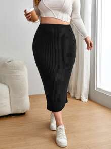 SHEIN Essnce Plus Solid Pencil Ribbed Knit Skirt