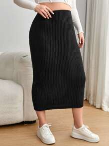 SHEIN Essnce Plus Solid Pencil Ribbed Knit Skirt