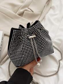 迷你水鑽和人造珍珠裝飾鏈條水桶包 - 銀色 - 查看 1