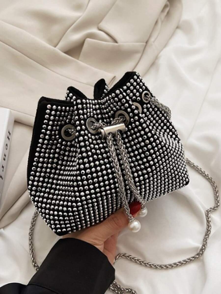 迷你水鑽和人造珍珠裝飾鏈條水桶包 - 銀色 - 查看 1