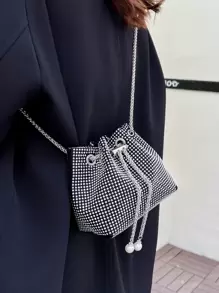 迷你水鑽和人造珍珠裝飾鏈條水桶包 - 銀色 - 查看 2