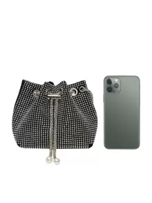 迷你水鑽和人造珍珠裝飾鏈條水桶包 - 銀色 - 查看 3