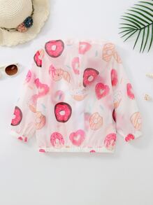 小女童甜甜圈印花拉鏈開襟連帽和服罩衫 - 彩色 - 查看 2