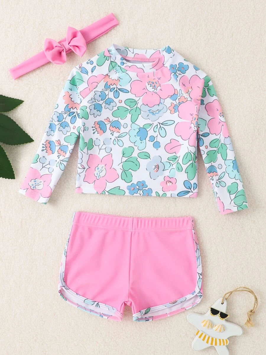 SHEIN 女婴花卉印花插肩袖高领沙滩装和头带夏季海滩