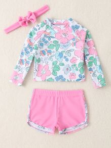 SHEIN 女婴花卉印花插肩袖高领沙滩装和头带夏季海滩