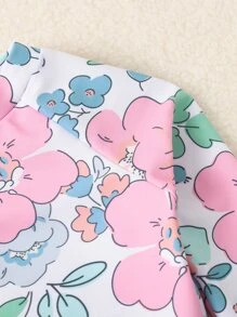 SHEIN 女婴花卉印花插肩袖高领沙滩装和头带夏季海滩