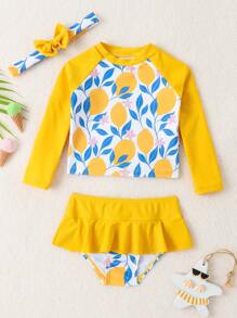 Baby Girl Lemon & Floral Print Ruffle Hem Skort Beachwear & Headband Summer Beach - Multicolor - View 1